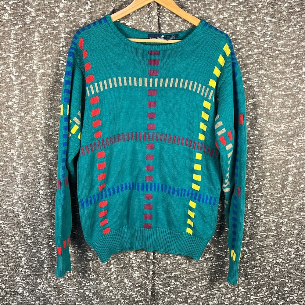 Vintage Stanley Blacker Sweater Mens M‎ Multicolor Geometric Print Grandpa 90s